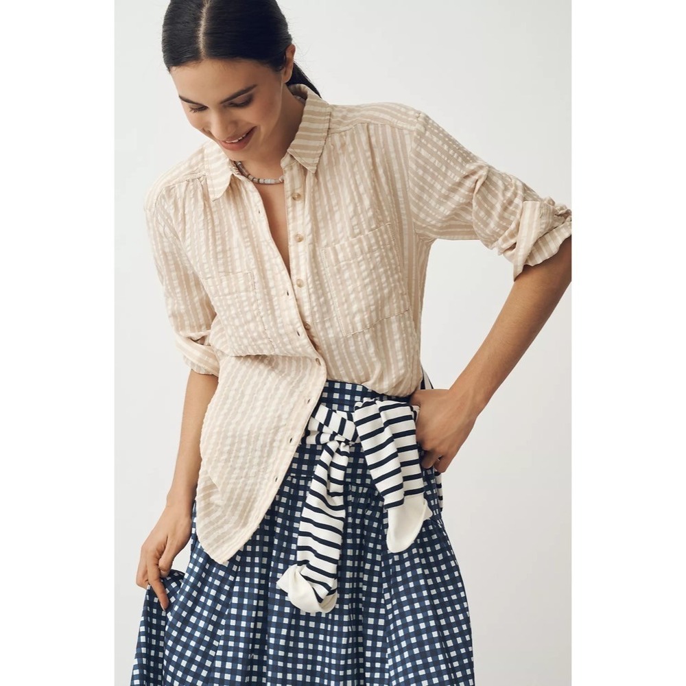 Anthropologie PILCRO The Hadley Relaxed Buttondown Shirt Top Striped Edition XXS - Picture 6 of 14